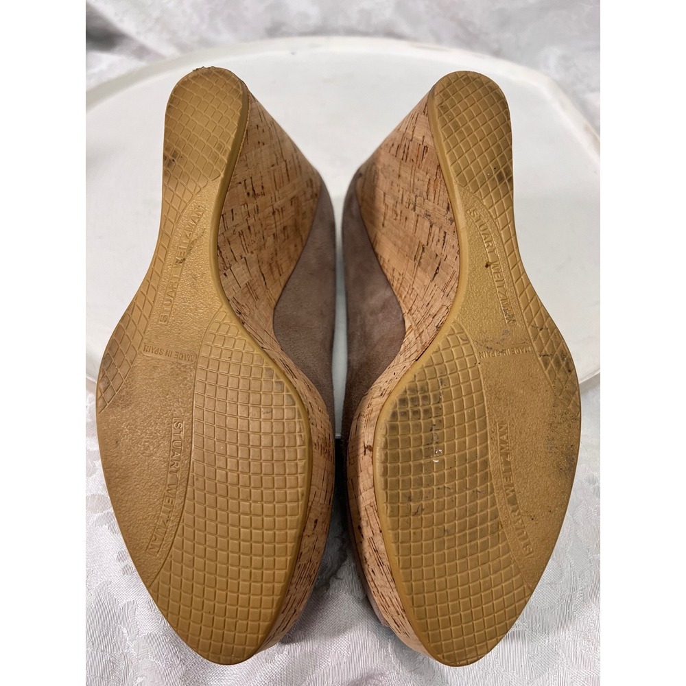 Stuart Weitzman Taupe Suede Peep Toe Cork Wedge Pumps A409779-1 Size 8N - Picture 6 of 8